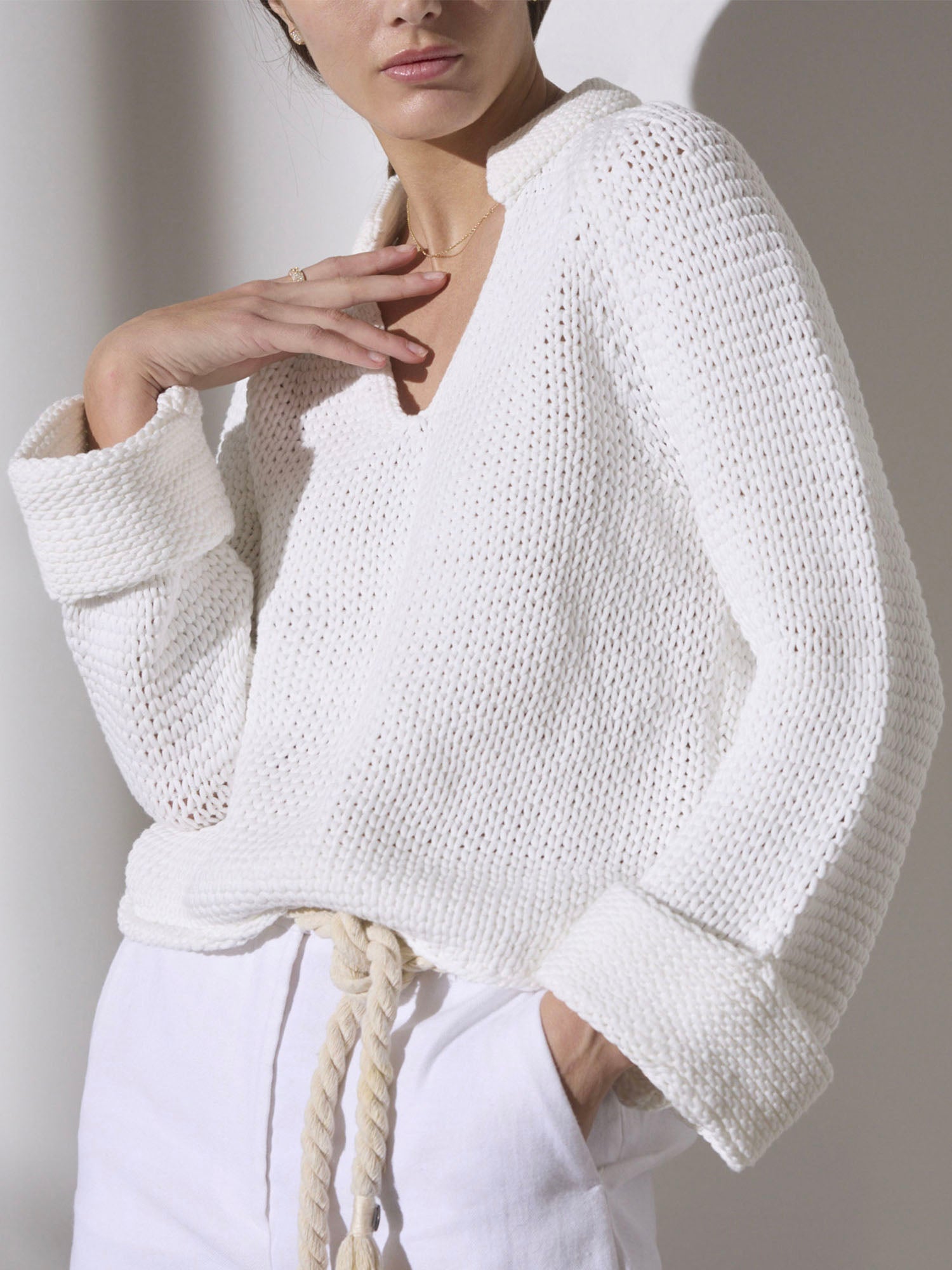 Aria white v-neck popover sweater front view