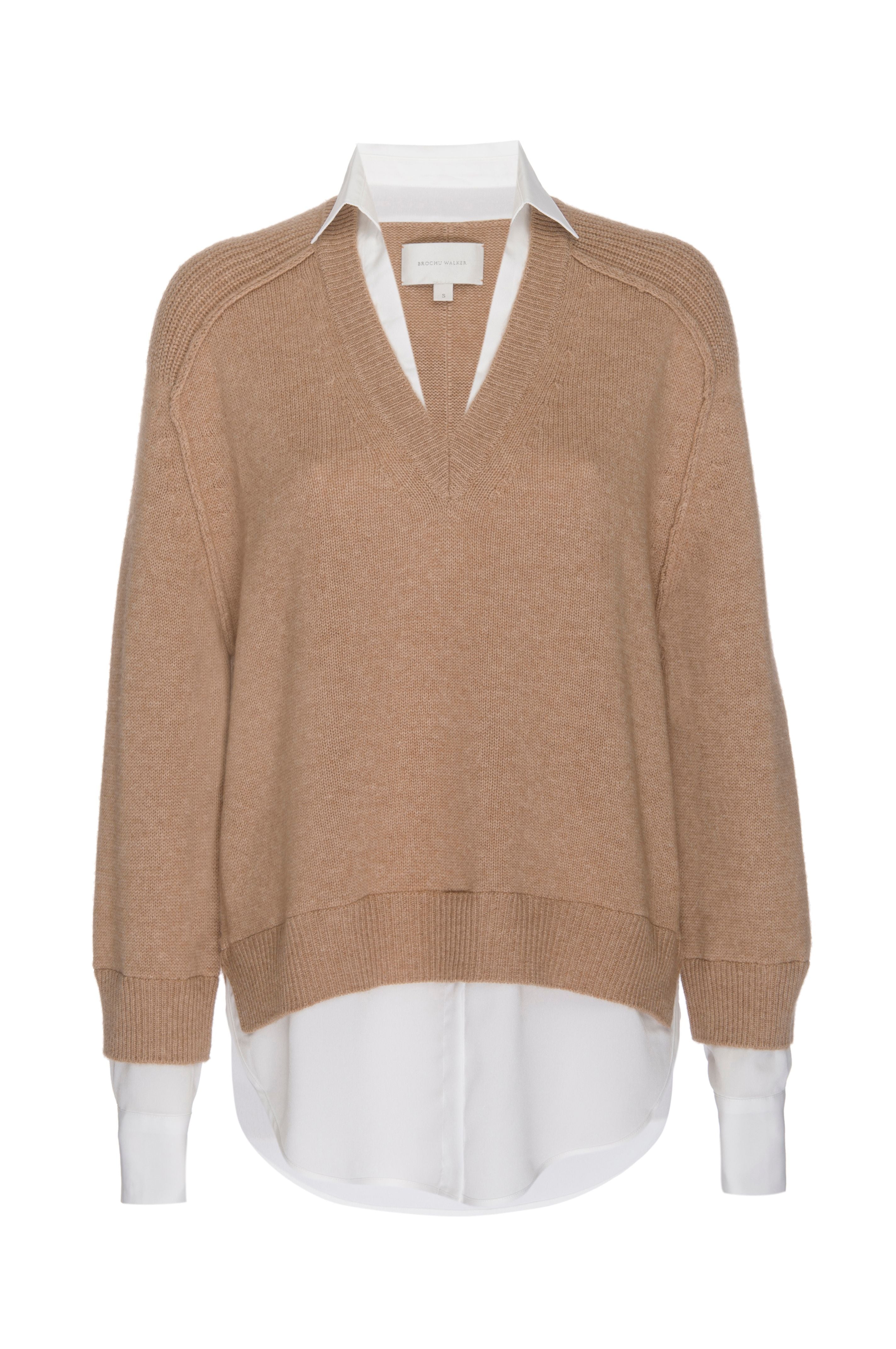 looker tan layered v-neck sweater flat view