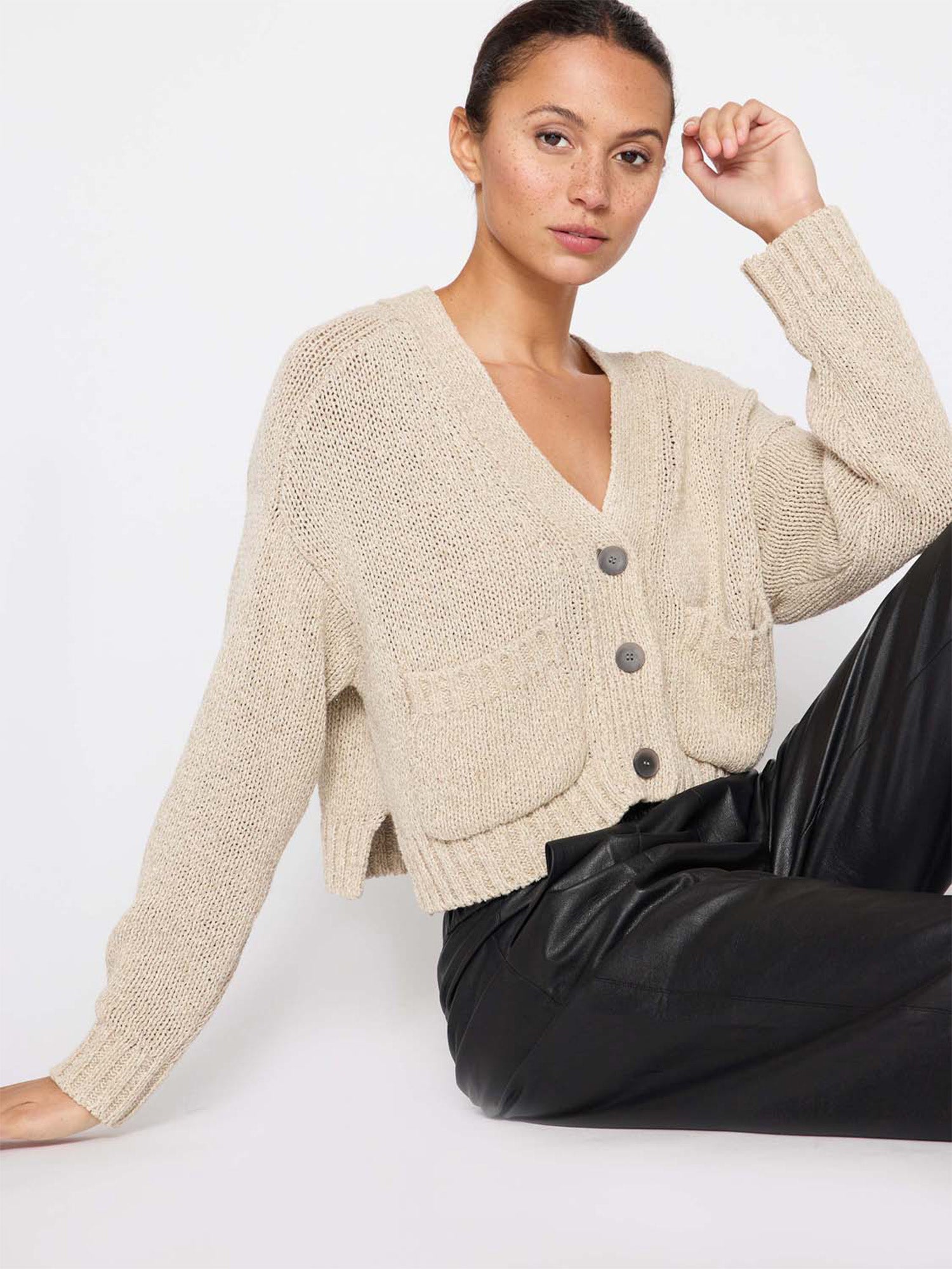 Cropped beige linen cotton cardigan sweater front view 3