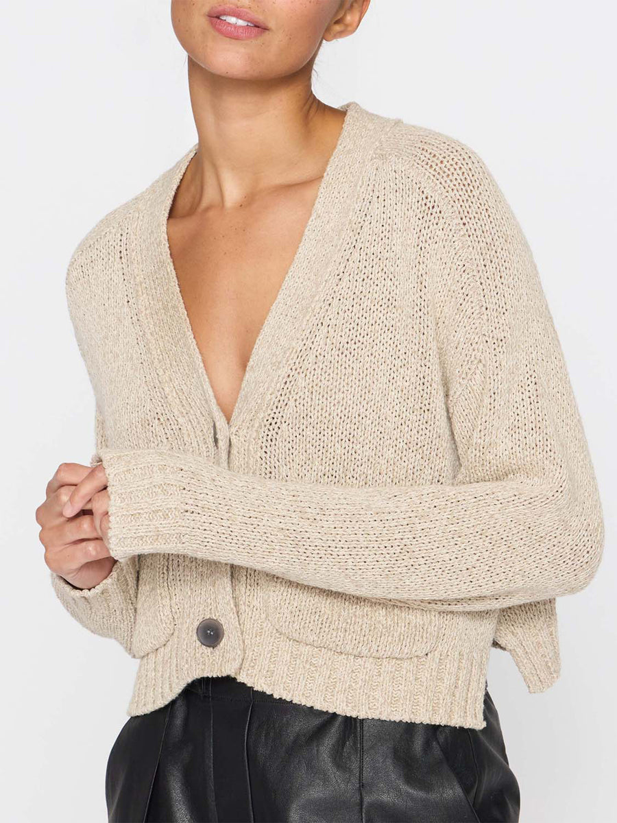Cropped beige linen cotton cardigan sweater front view 2