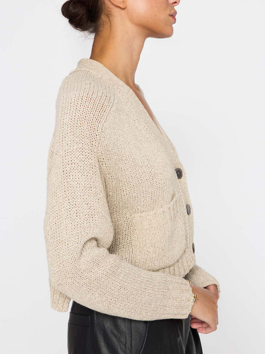 Cropped beige linen cotton cardigan sweater side view
