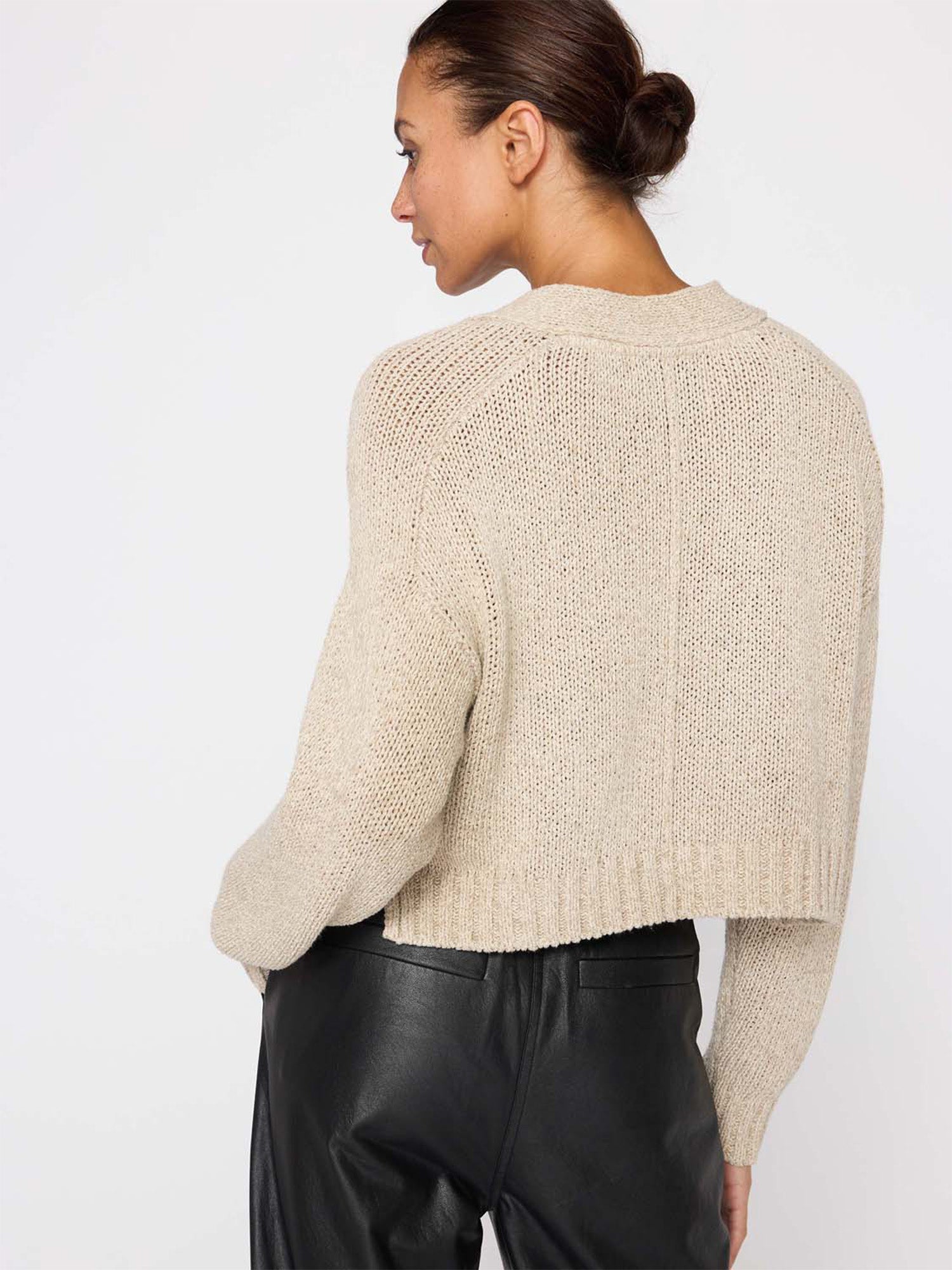 Cropped beige linen cotton cardigan sweater back view