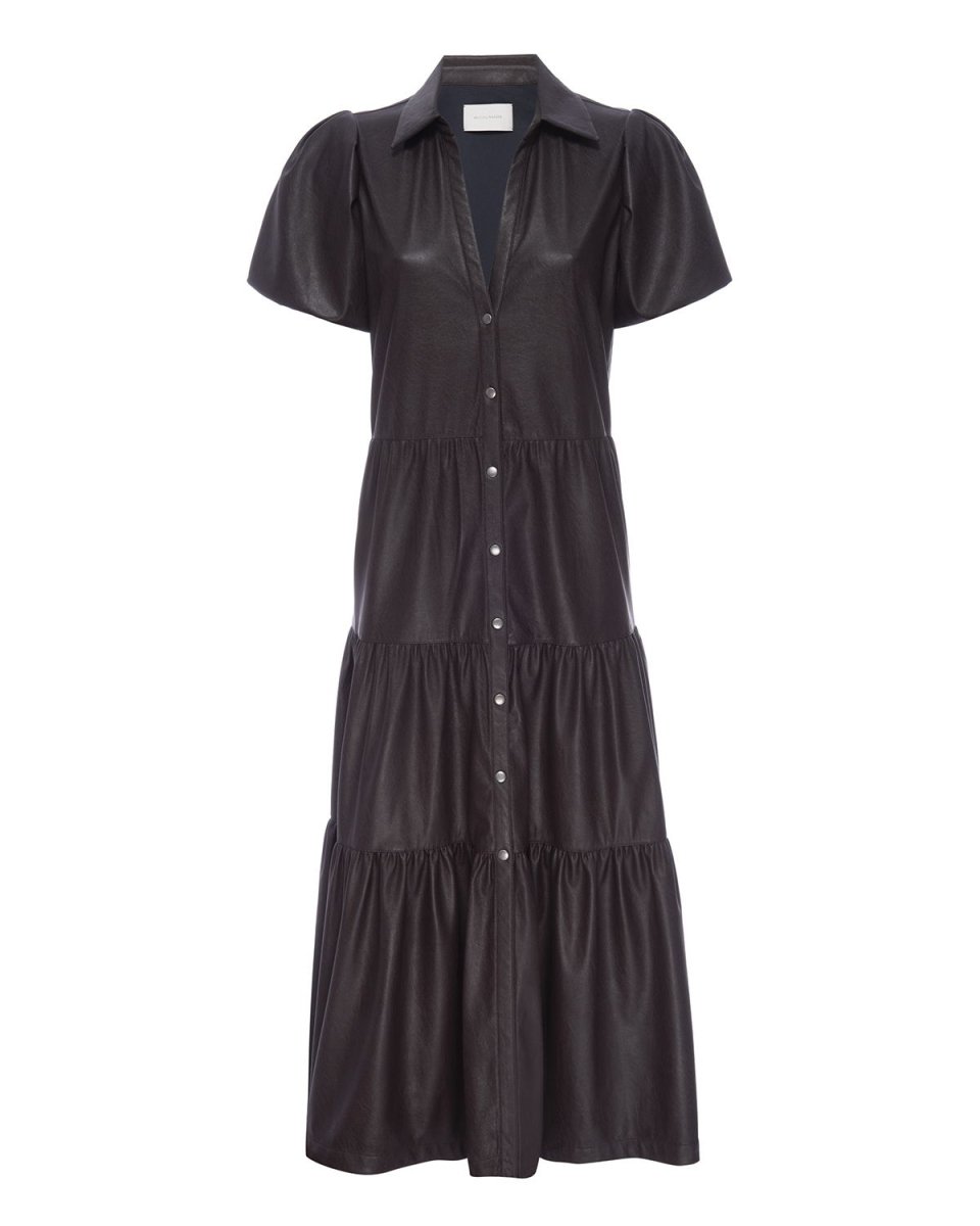 leather button down dress The Havana Vegan in Timber | M bone crochet black and gold long up mini dress in FIT:Regular
