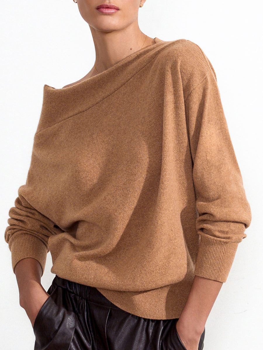 Dunne cashmere boatneck tan sweater front view
