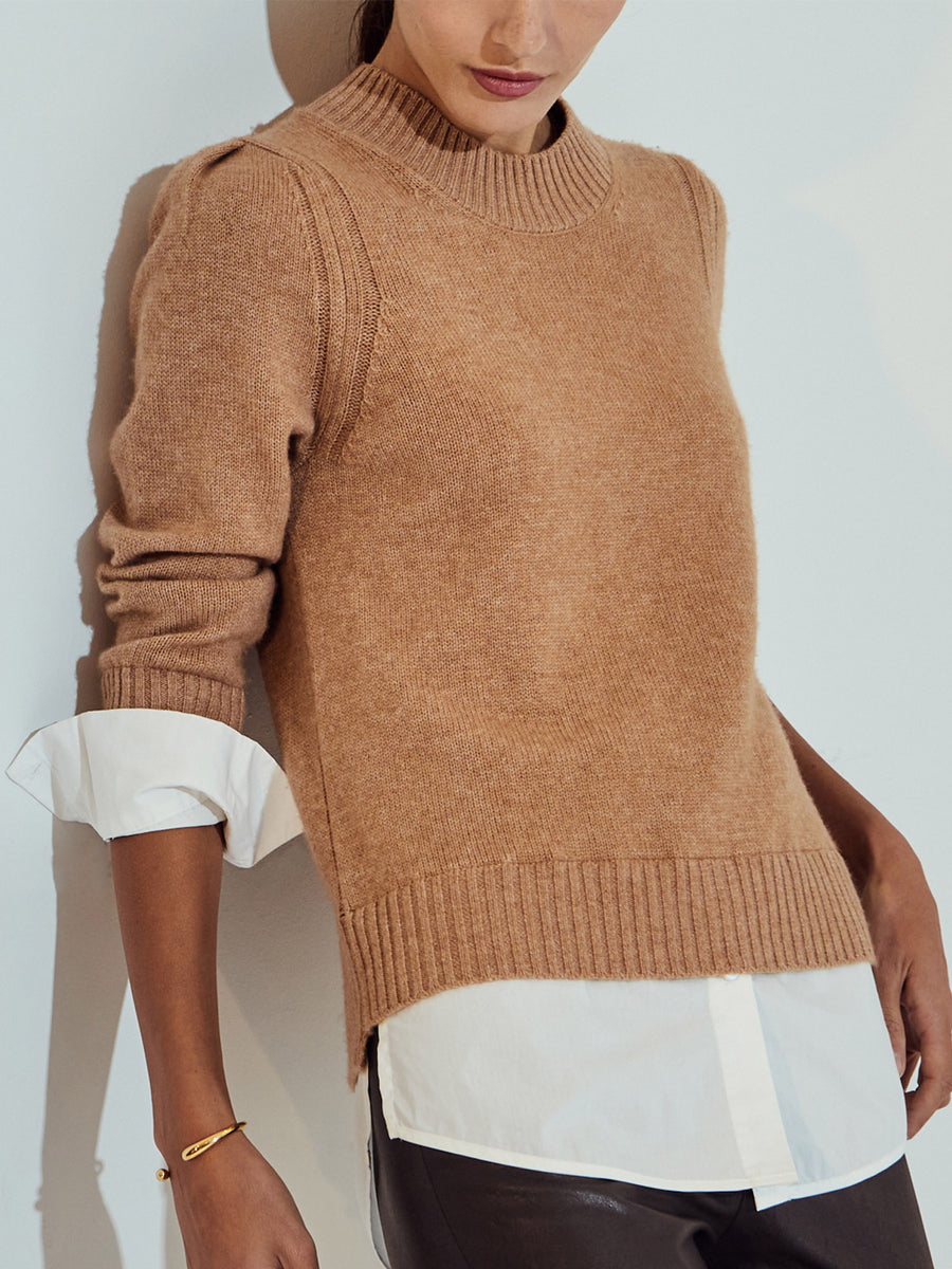 Eton tan layered crewneck sweater front view
