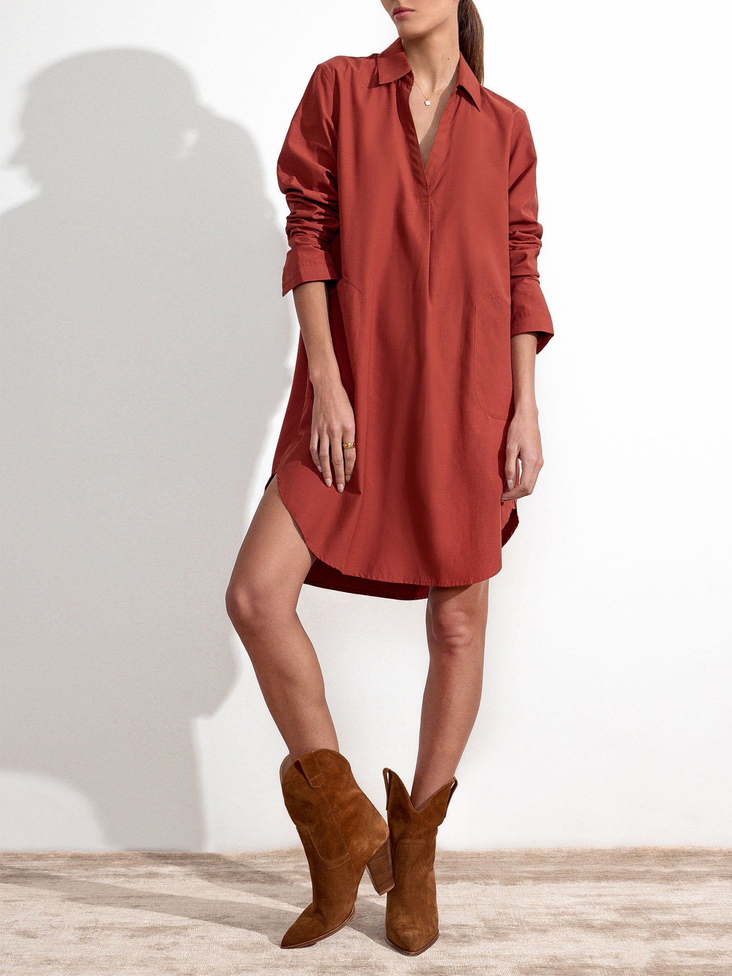 Ives red mini shirtdress front view