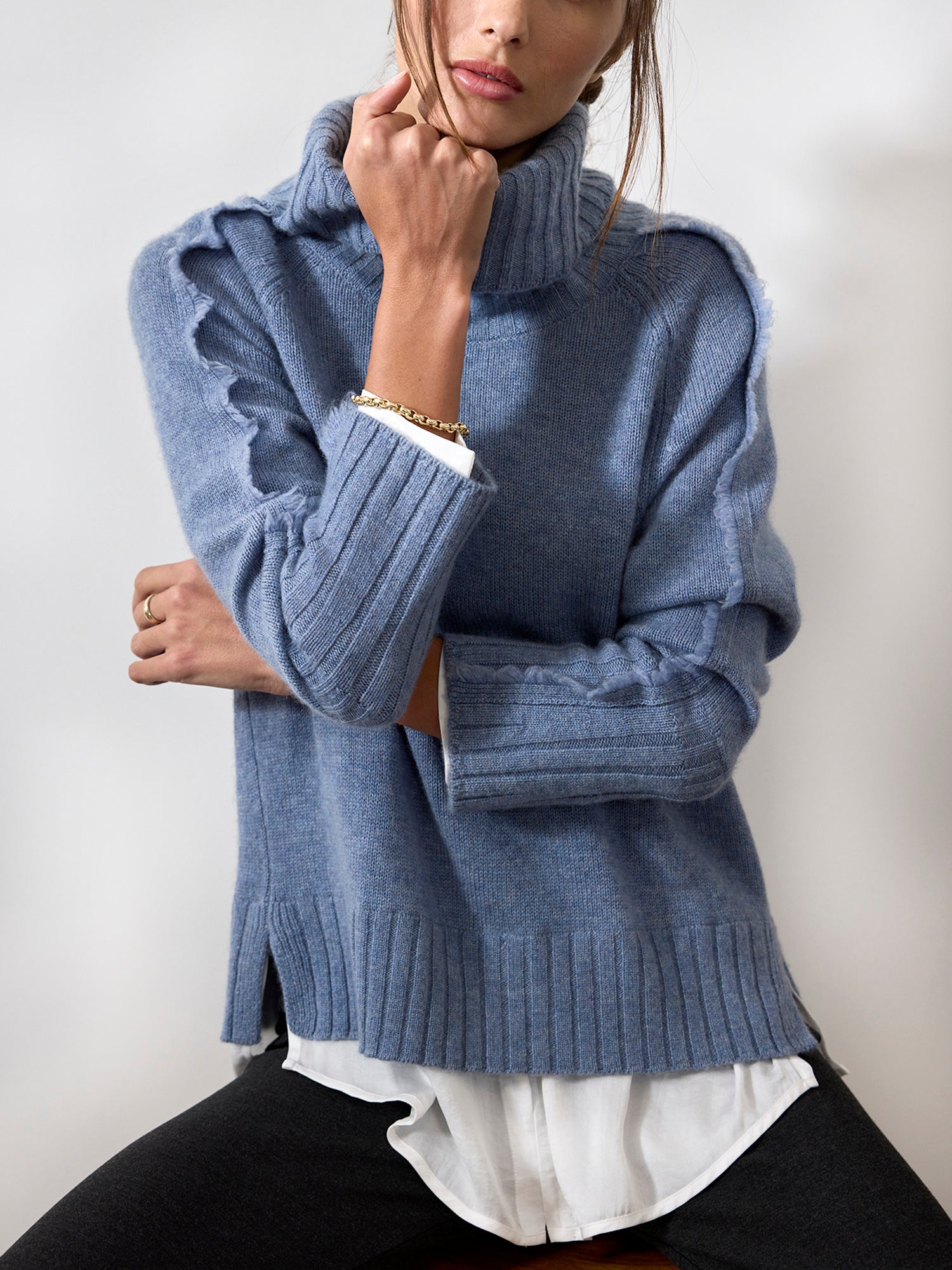 Jolie blue layered turtleneck sweater front view