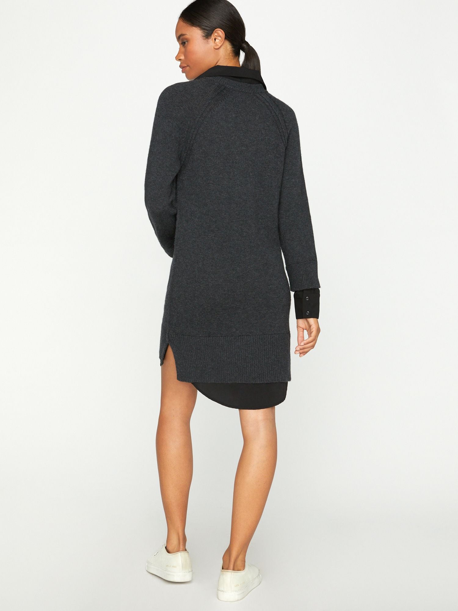 Looker layered v-neck grey and black mini sweater dress back view