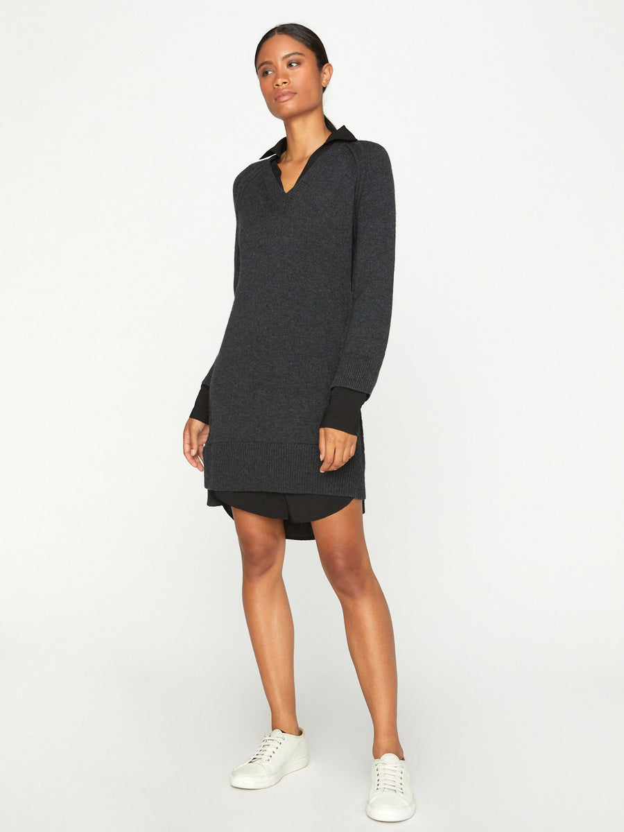 Looker layered v-neck grey and black mini sweater dress front view 3