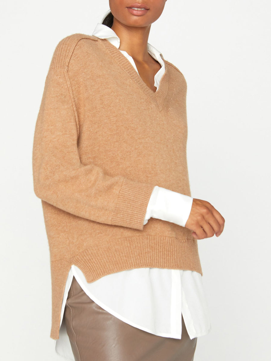 looker tan layered v-neck sweater side view