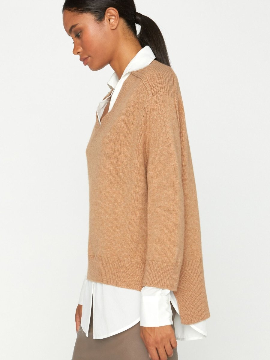 Women's V-neck Layered Pullover Sweater in Camel with White