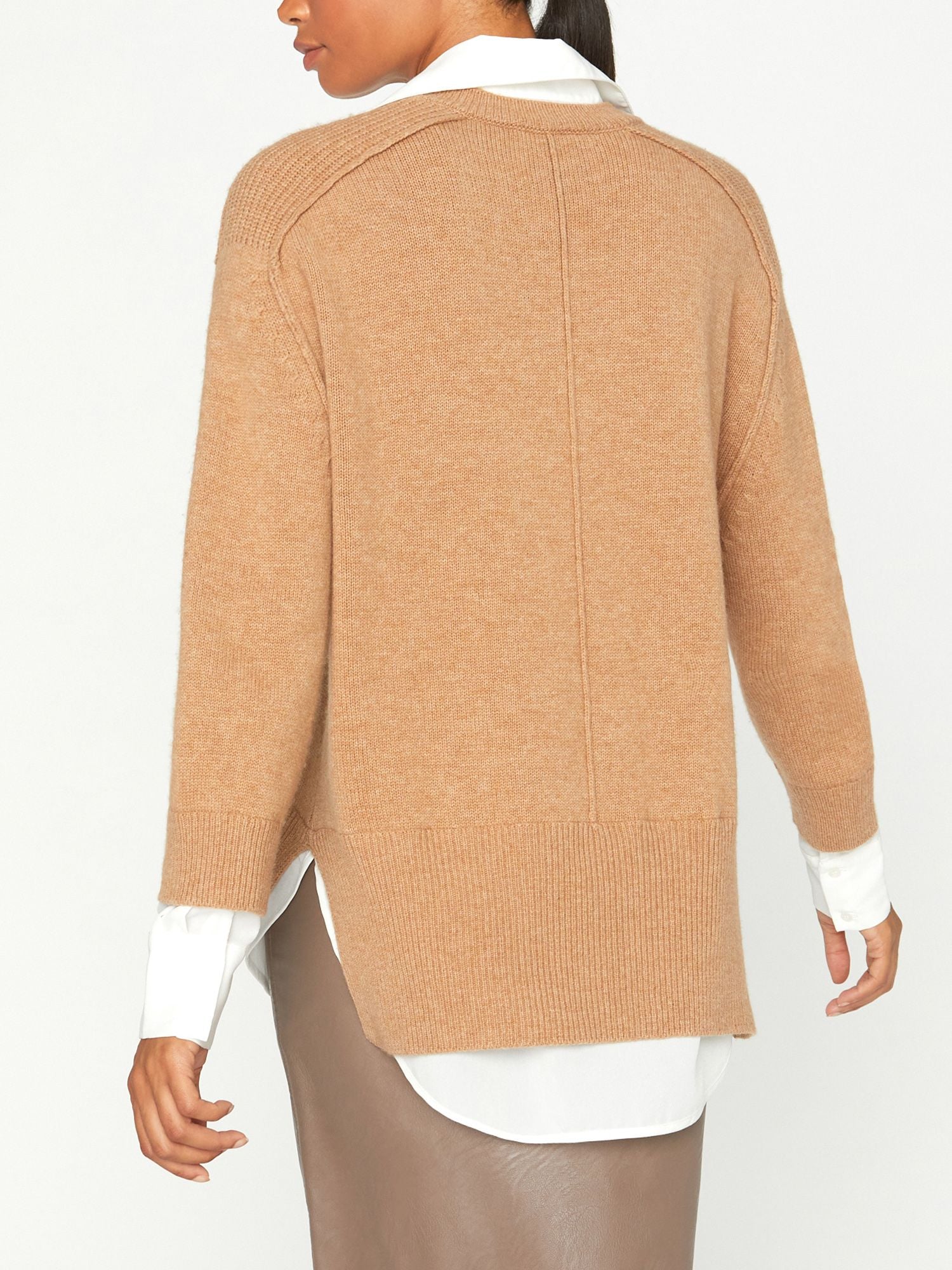 looker tan layered v-neck sweater back view
