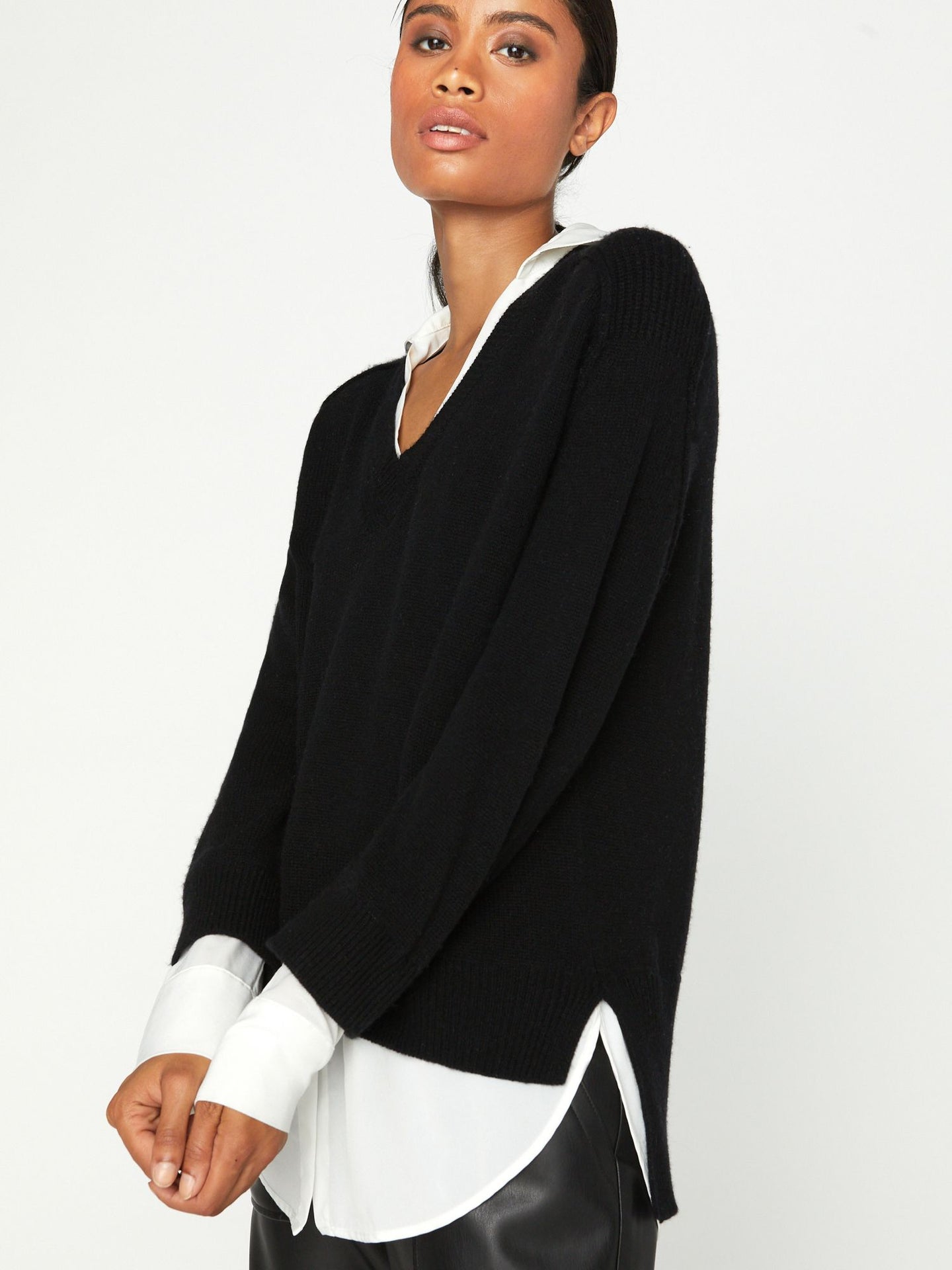 Women's V-neck Layered Pullover Sweater in Black Onyx