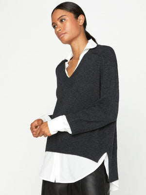 Looker dark grey layered v-neck sweater side view 2