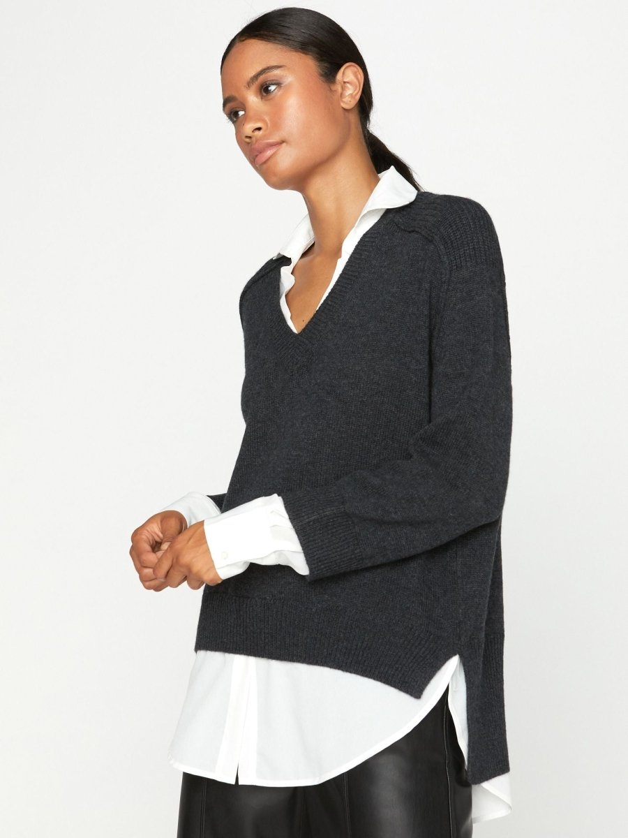 Looker dark grey layered v-neck sweater side view 2