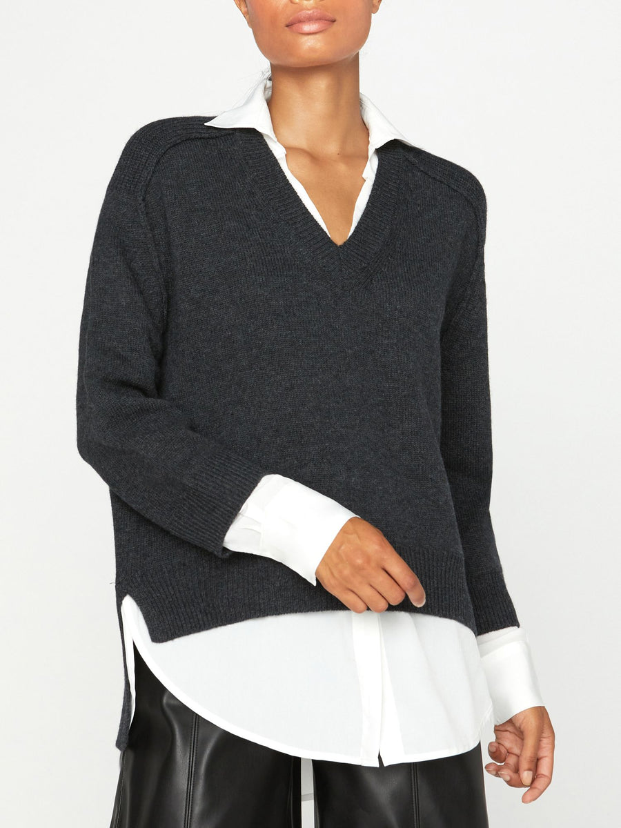Looker dark grey layered v-neck sweater front view