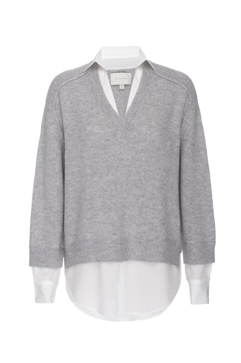 Women's V-neck Layered Pullover Sweater in Vail Grey with White