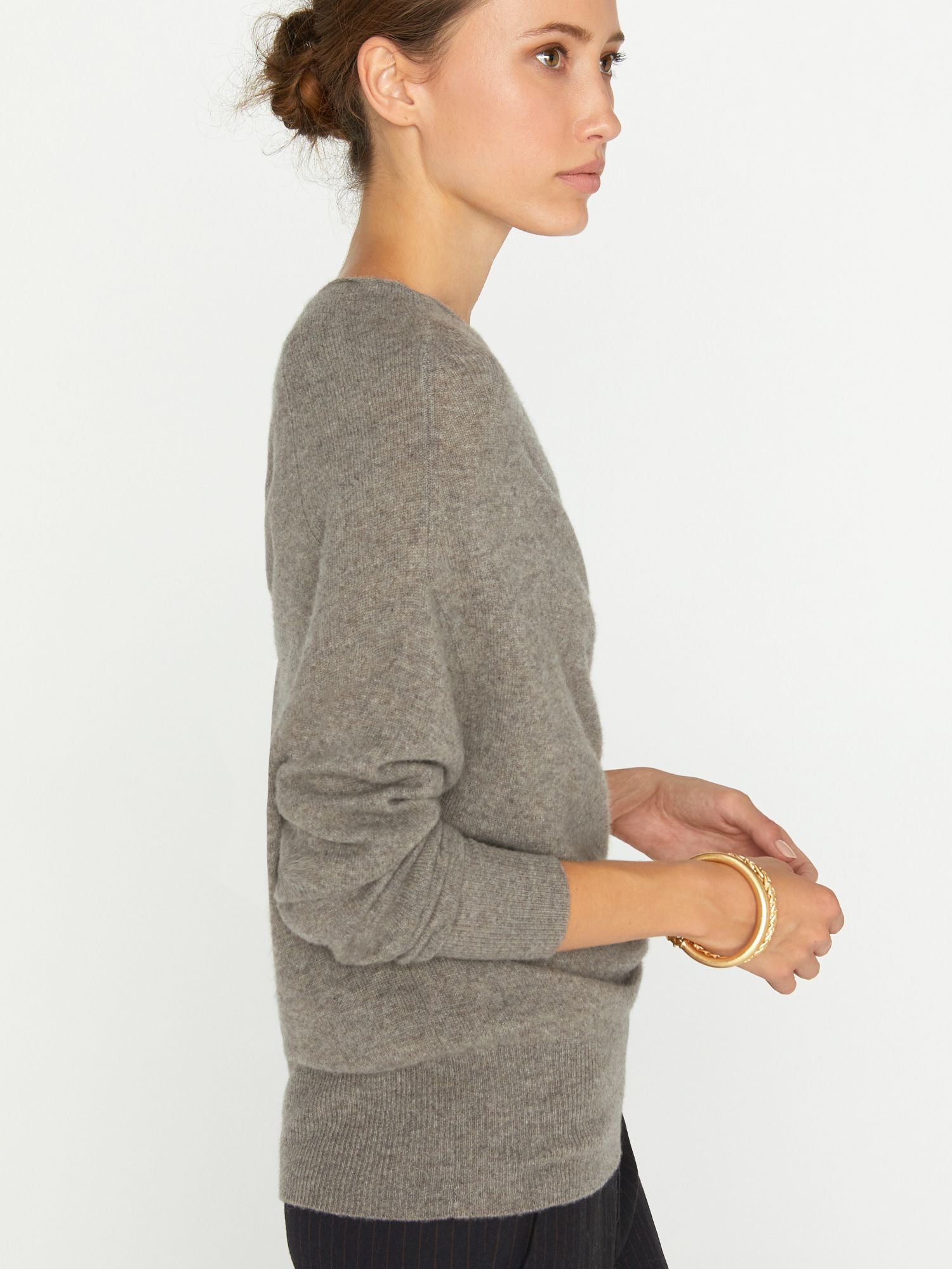Lori cashmere off shoulder grey sweater side view