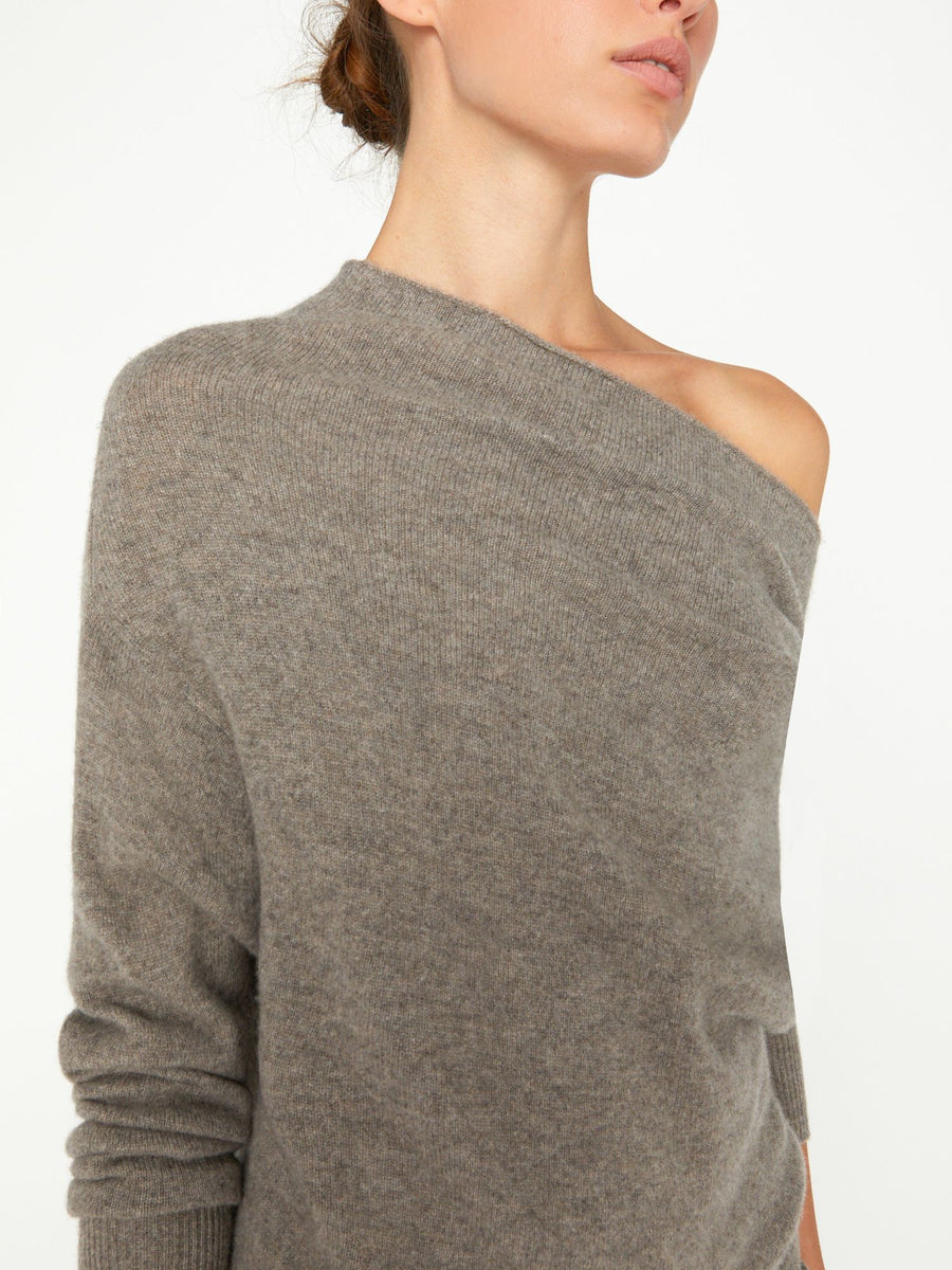 Lori cashmere off shoulder grey sweater front view 3