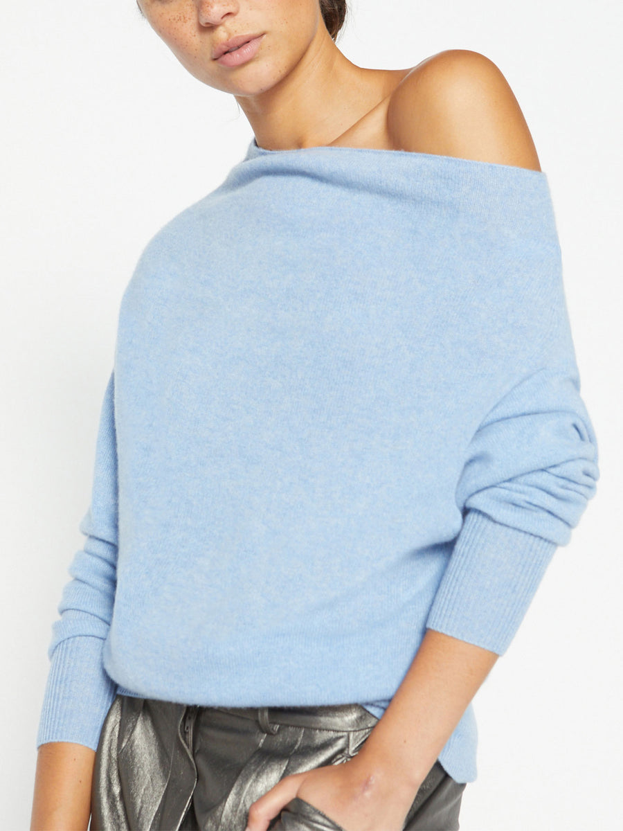 Lori cashmere off shoulder blue sweater front view 2
