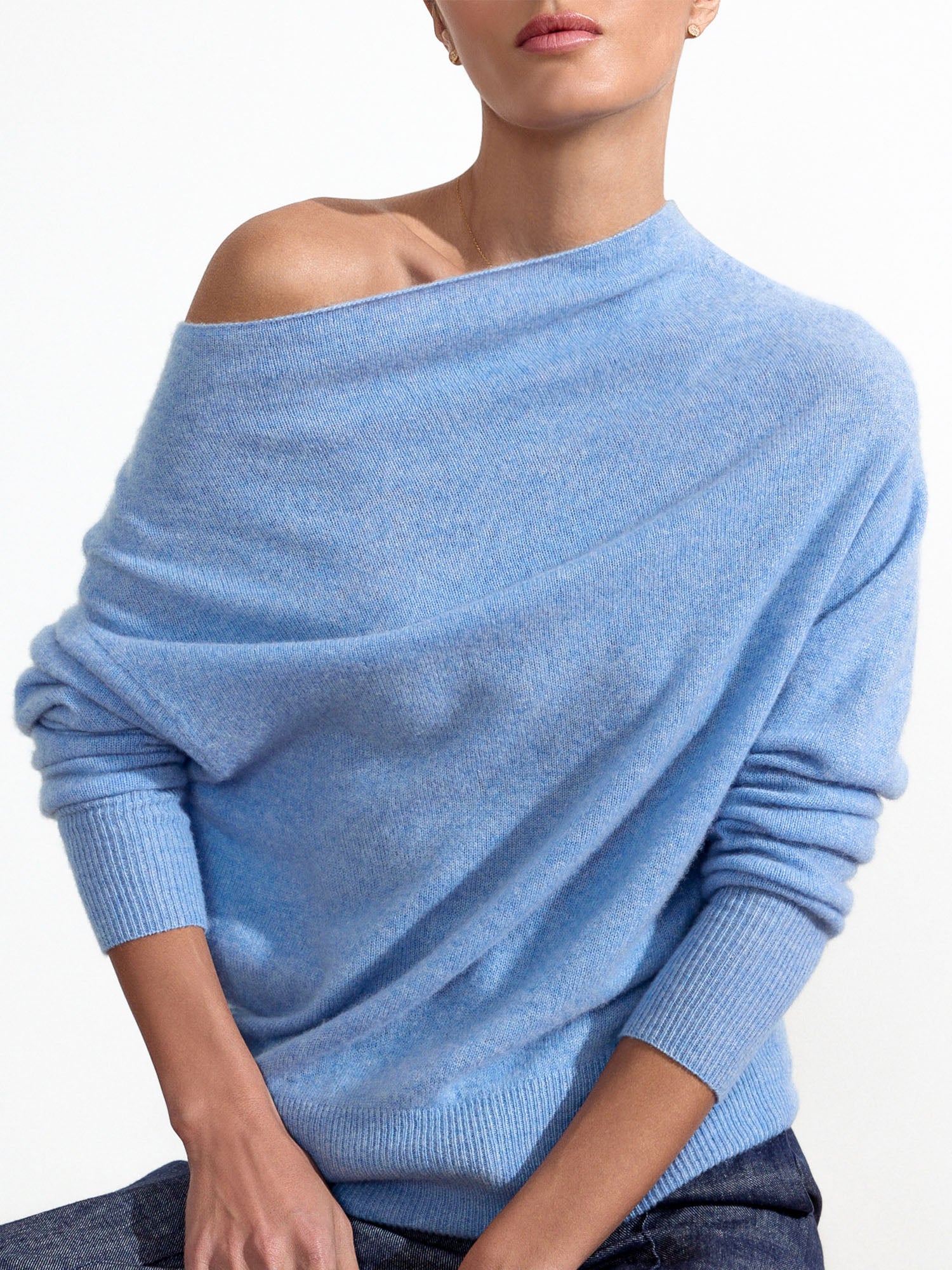 Lori cashmere off shoulder blue sweater front view