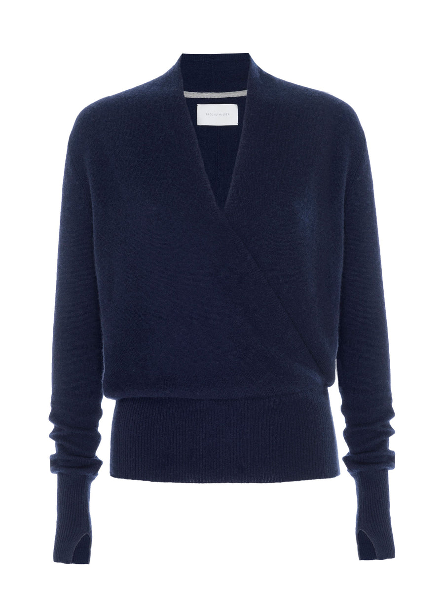 Phinneas cashmere v-neck navy wrap sweater flat view