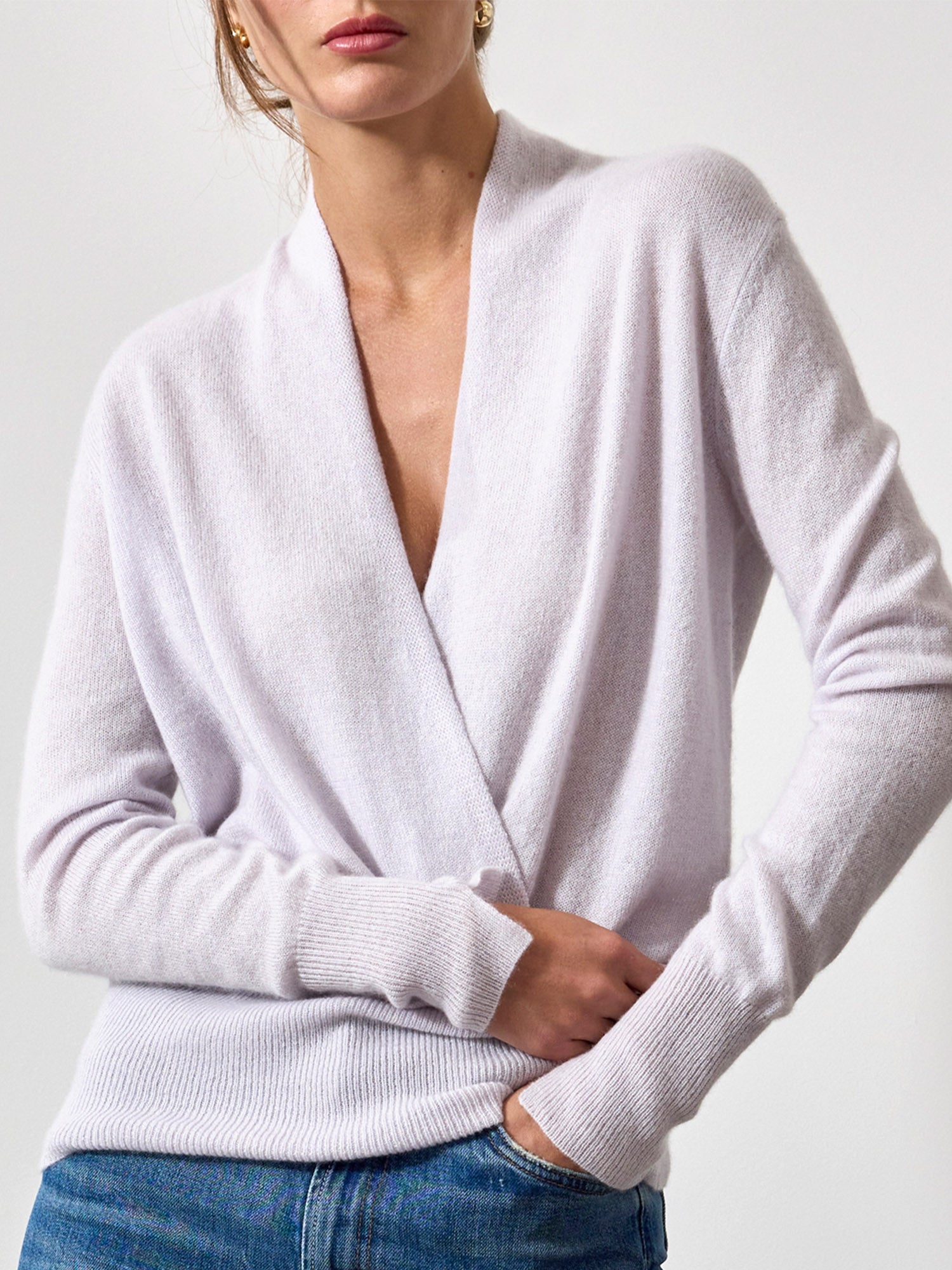Phinneas cashmere v-neck white wrap sweater front view