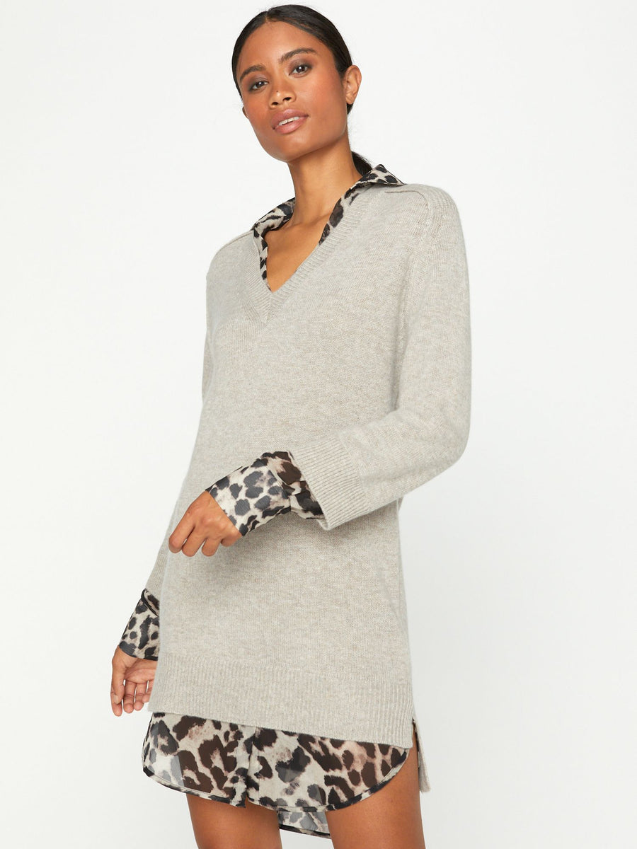 Looker layered v-neck grey and animal print mini sweater dress front view