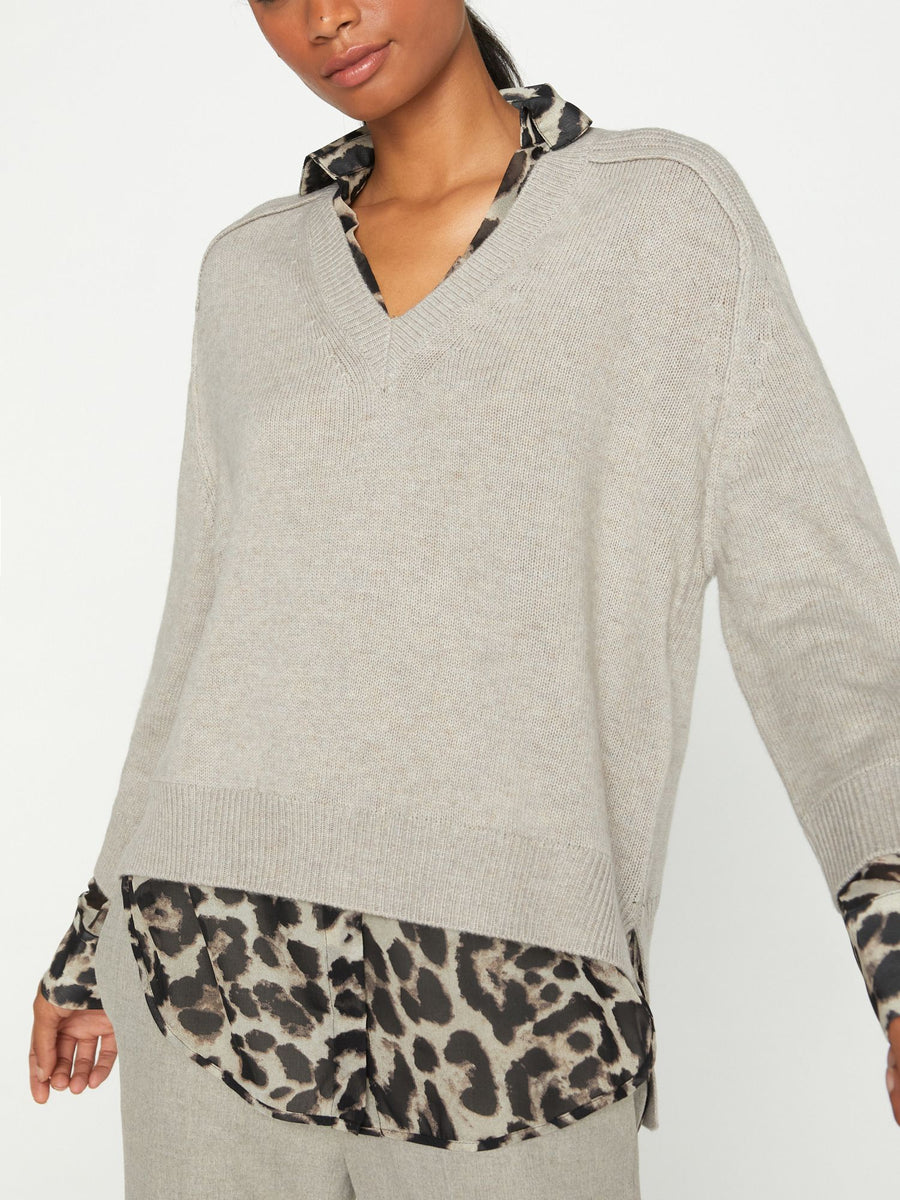 Looker light grey with animal leopard print layered v-neck sweater front view 3