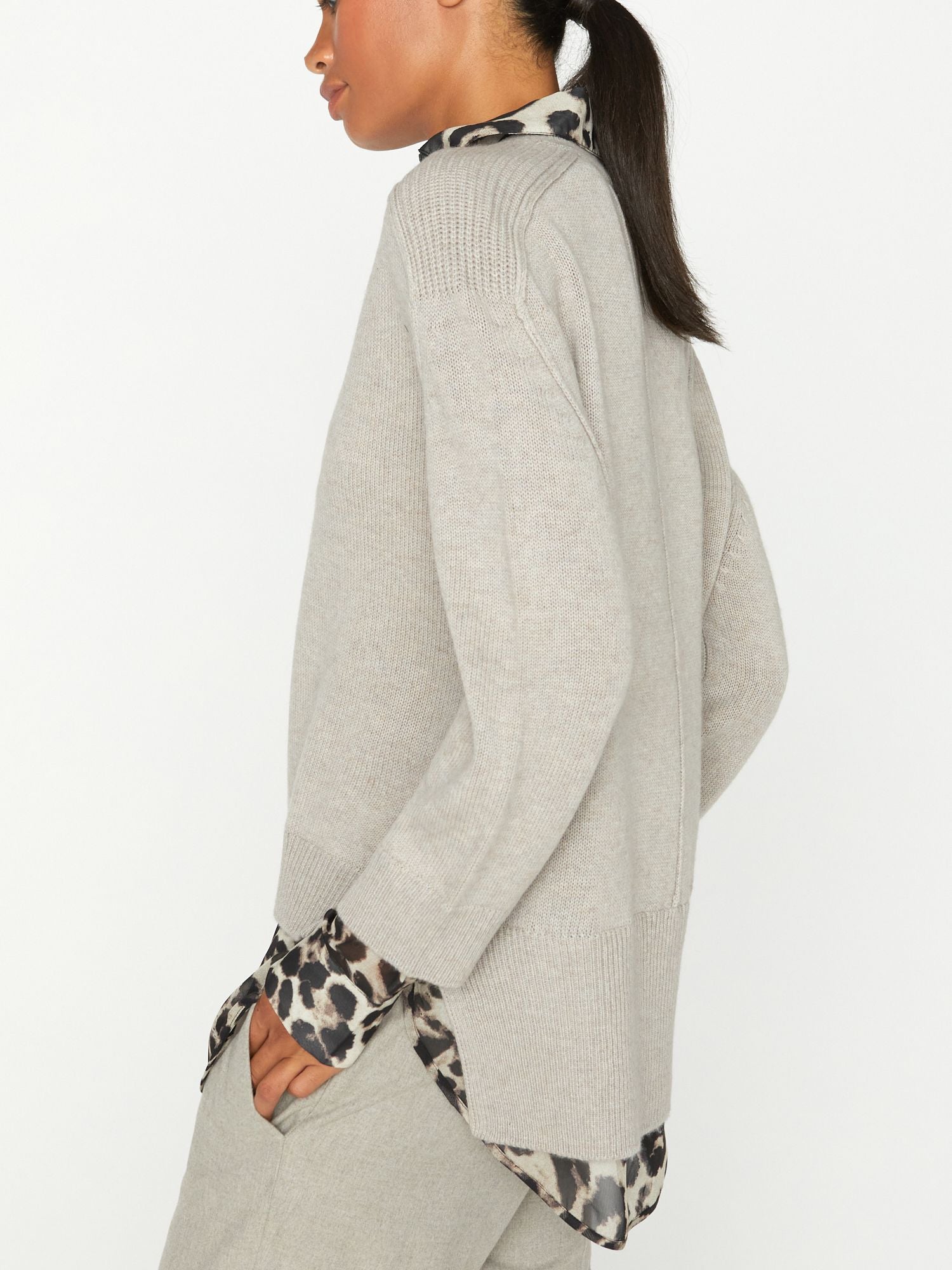 Looker light grey with animal leopard print layered v-neck sweater side view