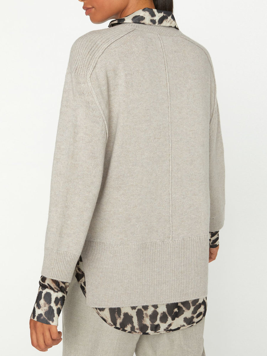 Looker light grey with animal leopard print layered v-neck sweater back view