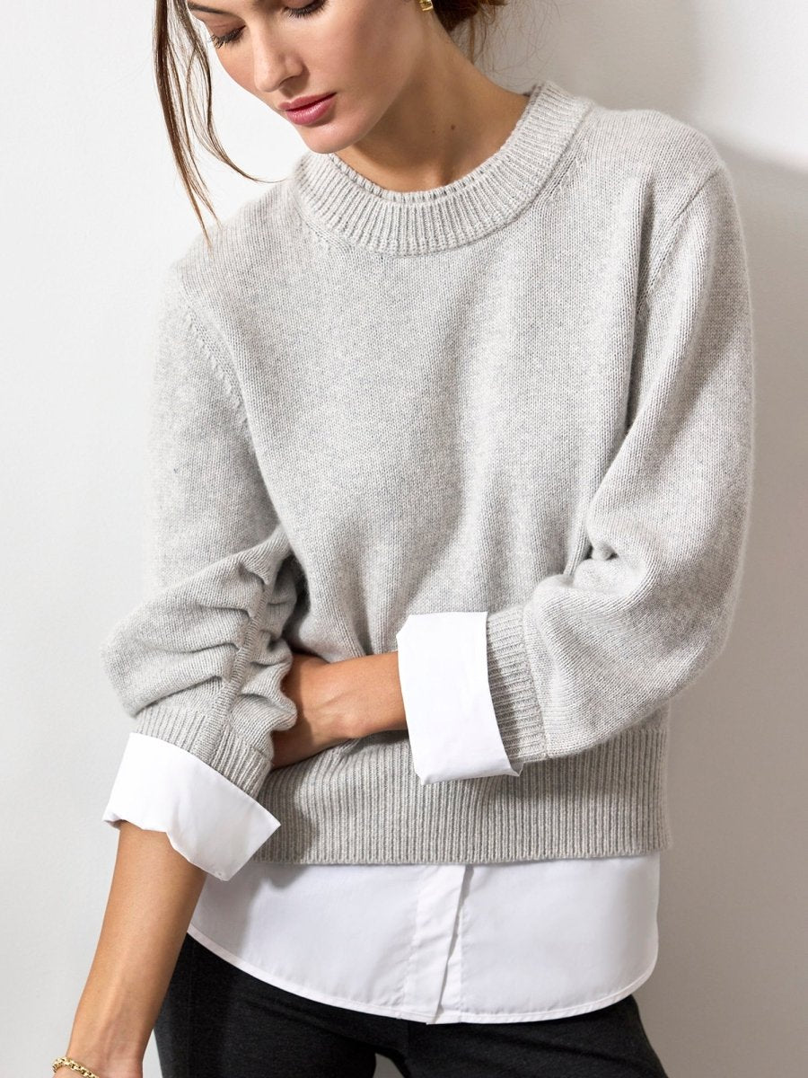 Raya grey ruched layered crewneck sweater front view