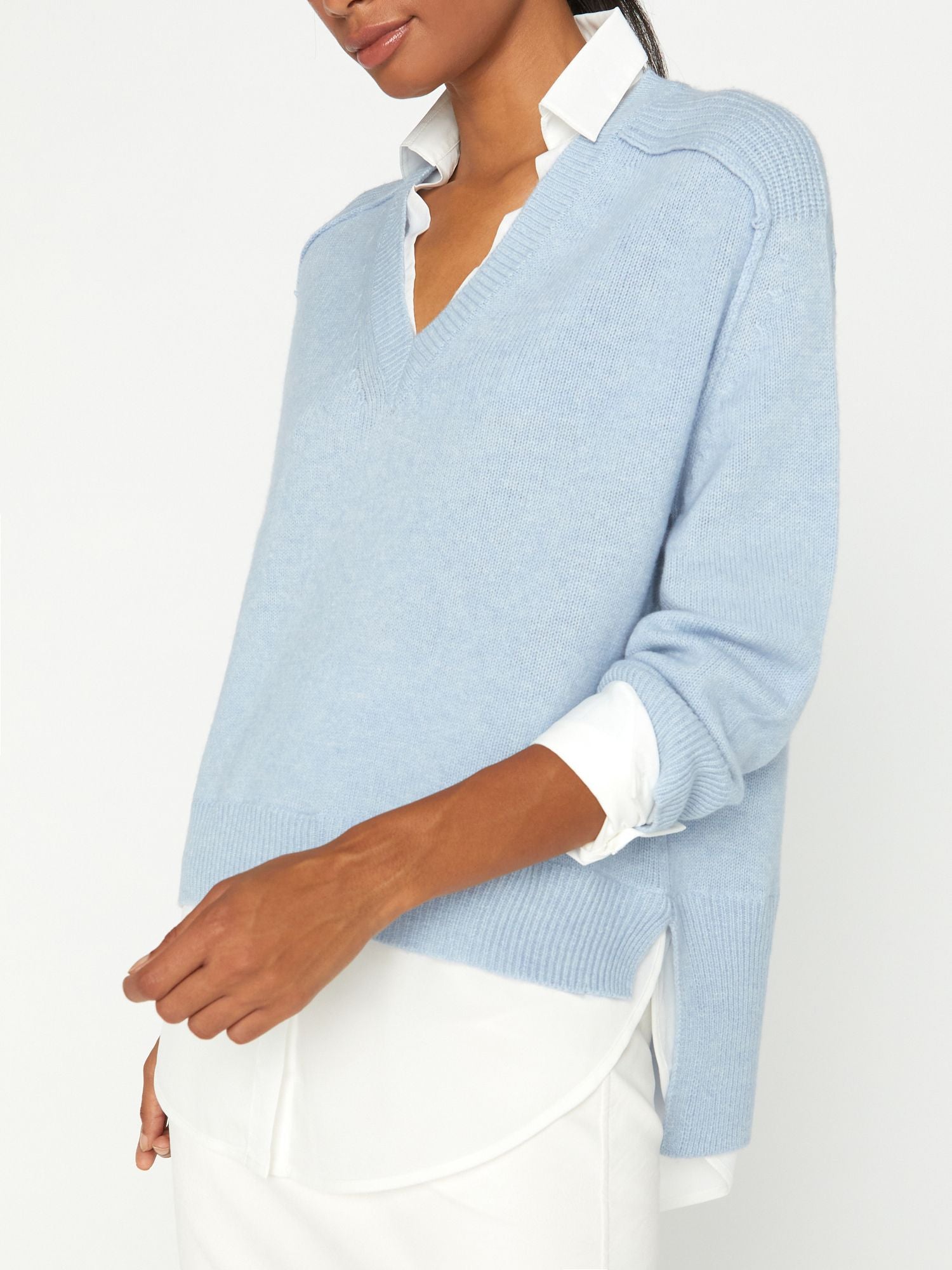 Looker light blue layered v-neck sweater side view 2