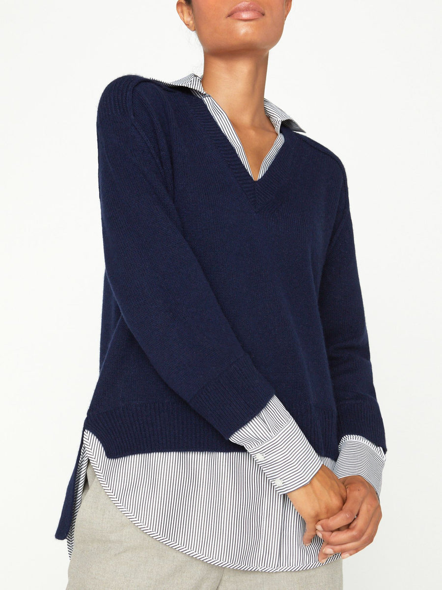 Looker navy stripe layered v-neck sweater front view 2