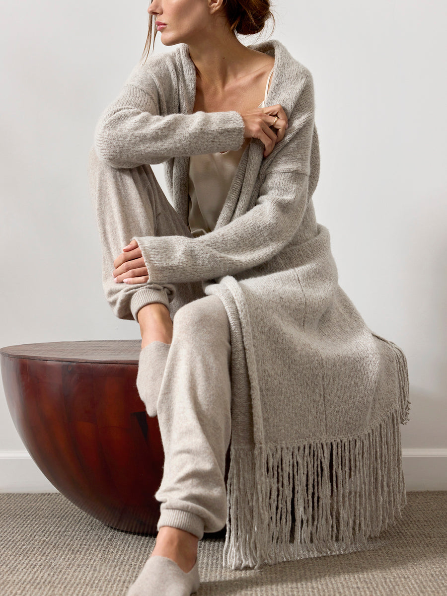 Thela light grey fringe cashmere wool duster cardigan front view 3