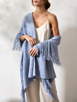 Thela blue fringe cashmere wool wrap front view
