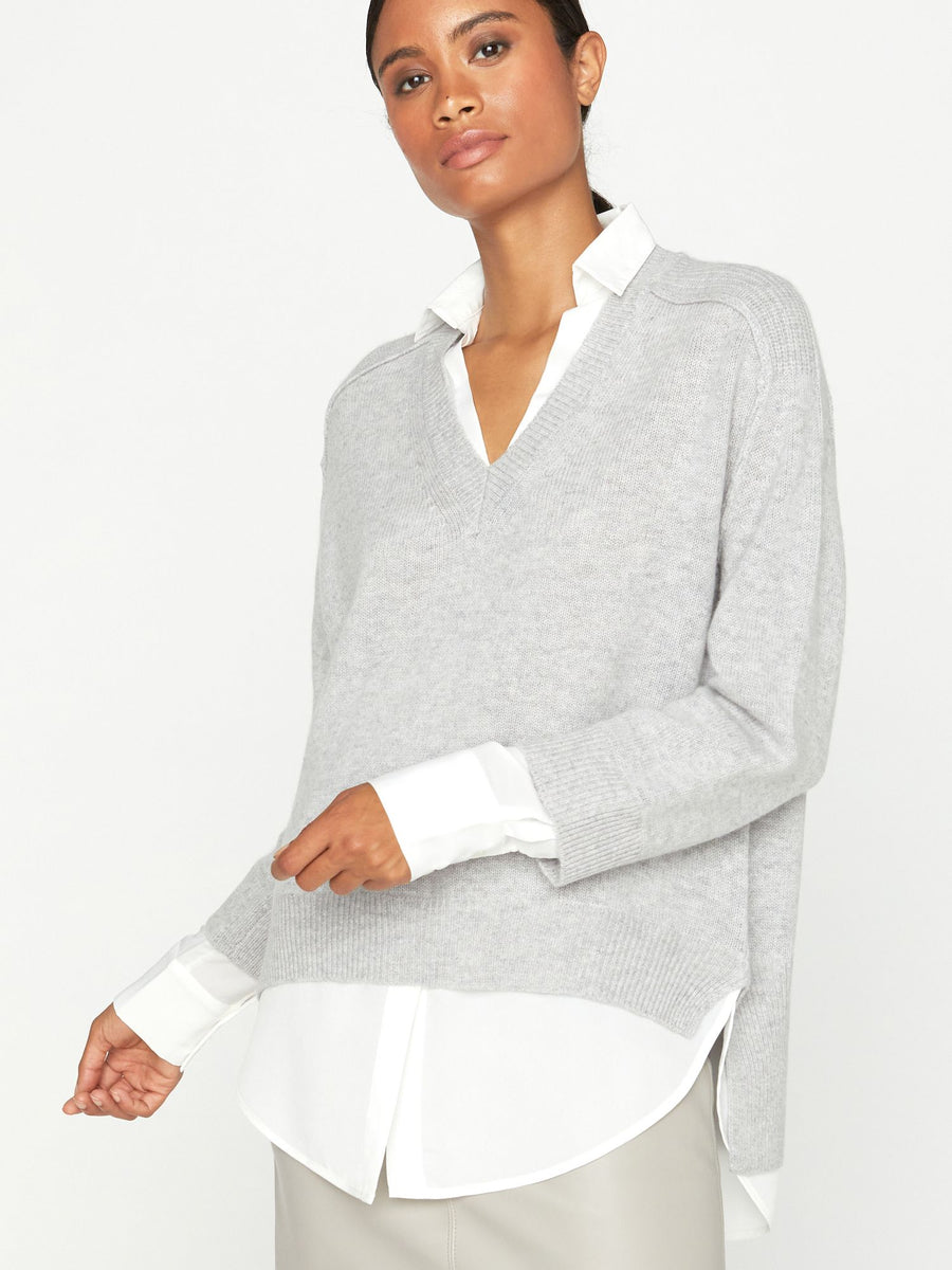 Looker ligth light grey layered v-neck sweater front view 2